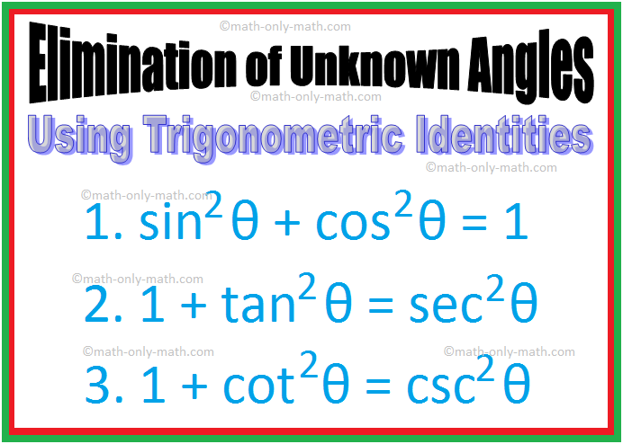 Problems on elimination of unknown angles using trigonometric identities. If x = tan θ + sin θ and y = tan θ - sin θ, prove that x^2 – y^2 = 4\(\sqrt{xy}\). Solution: Given that x = tan θ + sin θ and  y = tan θ - sin θ . Adding (i) and (ii), we get x + y = 2 tan θ