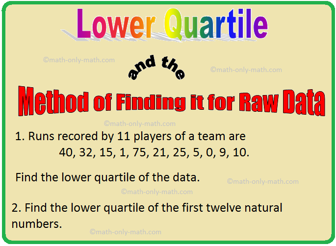 The three variates which divide the data of a distribution in four equal parts (quarters) are called quartiles. As such, the median is the second quartile. Lower quartile and the method of finding it for raw data: If the data are arranged in ascending or descending order