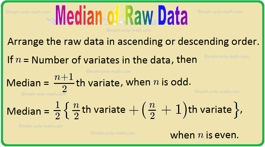 The median of raw data is the number which divides the observations when arranged in an order (ascending or descending) in two equal parts.  Method of finding median Take the following steps to find the median of raw data.  Step I: Arrange the raw data in ascending