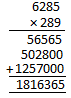Multiply 6285 by 289.