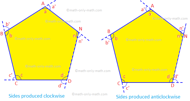 Here we will discuss the theorem of the sum of all exterior angles of an n-sided polygon and sum related example problems. 2. If the sides of a convex polygon are produced in the same order, the sum of all the exterior angles so formed is equal to four right angles.