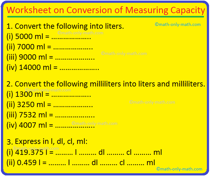 Worksheet On Conversion Of Measuring Capacity Liters Into Milliliters