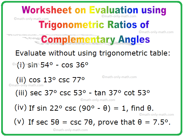Worksheet on Evaluation using Trigonometric Ratios of Complementary Angles
