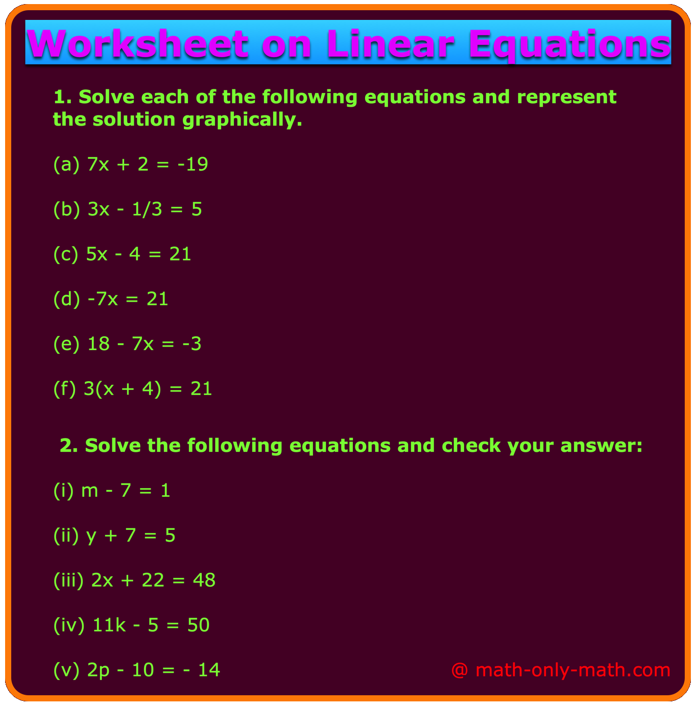 Worksheet on Linear Equations