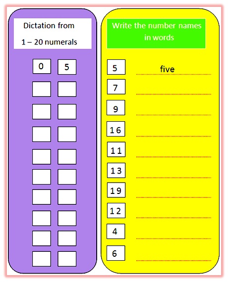 Worksheet on number names from 1 to 20,worksheet on number names