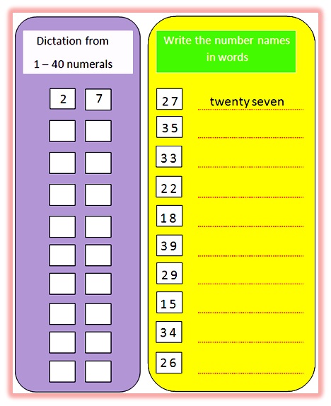 Worksheet on number names from 1 to 40,worksheet on number names