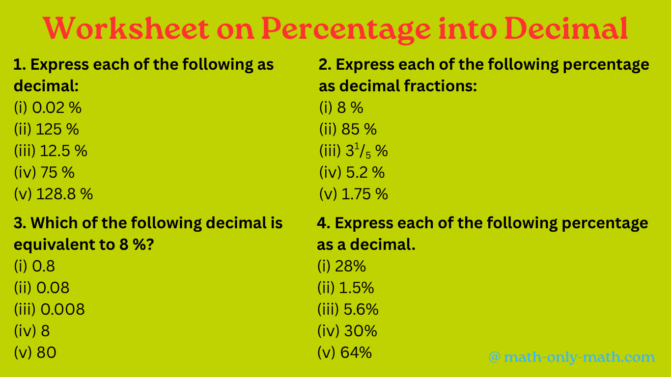 Practice the questions given in the worksheet on percentage into decimal. We know, to convert percent into decimal; obtain the percentage which is to be converted into decimal then remove the