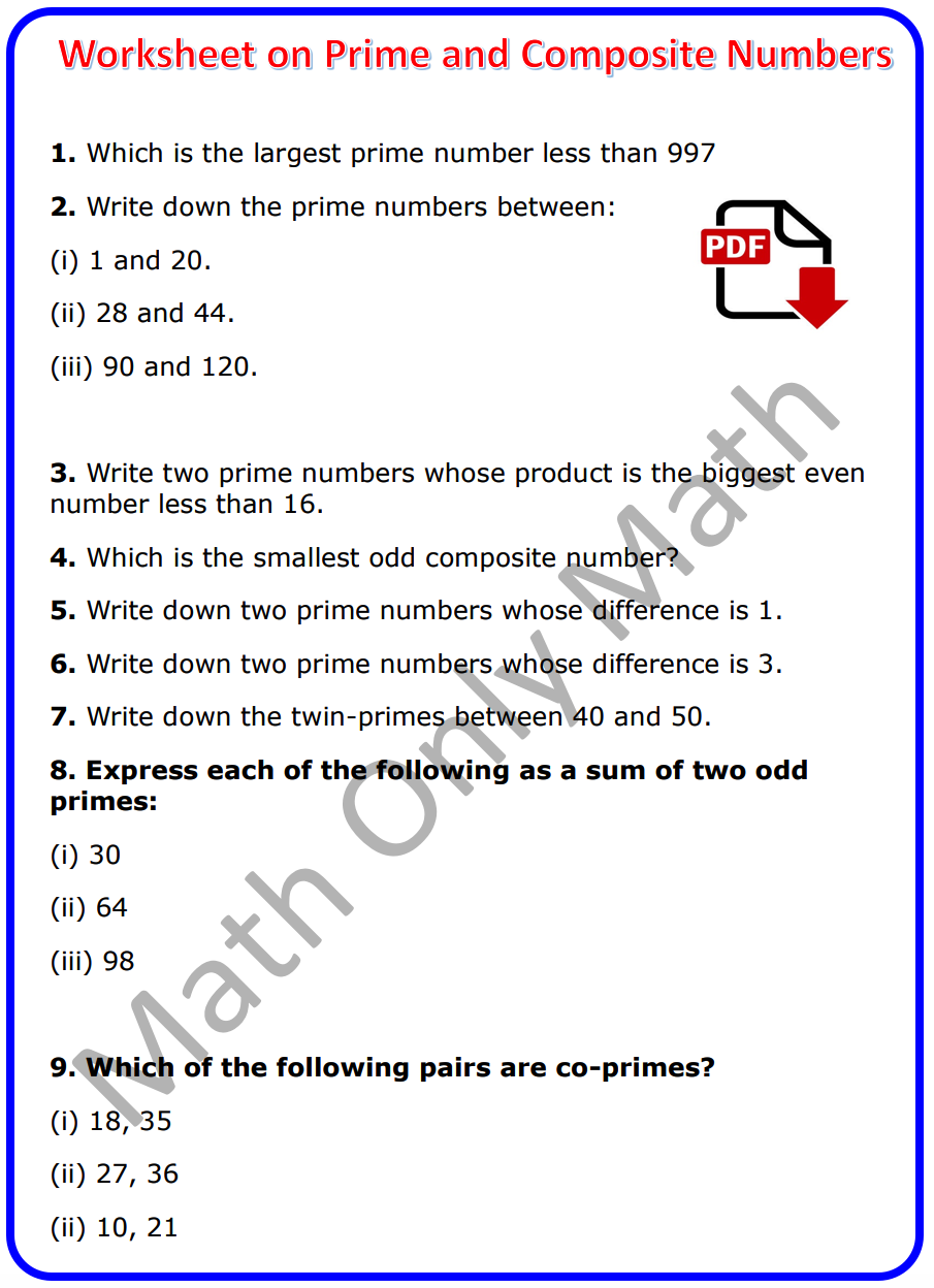 Worksheet on Prime and Composite Numbers PDF