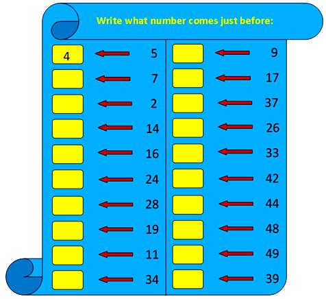 worksheets on numbers that comes before,number comes just before