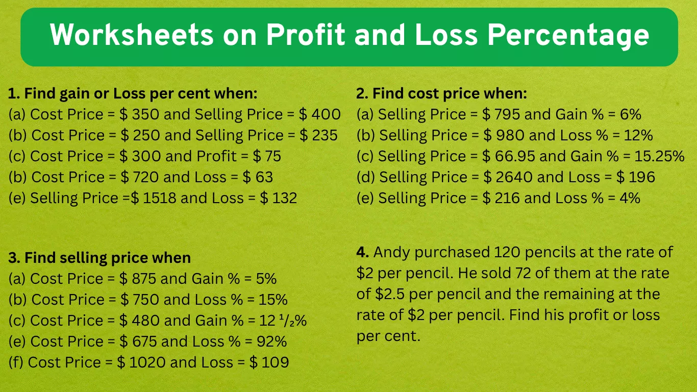 Math worksheets on profit and loss percentage will help us to practice different types of questions on finding gain or loss per cent, cost price, selling price and also word problems on profit and los